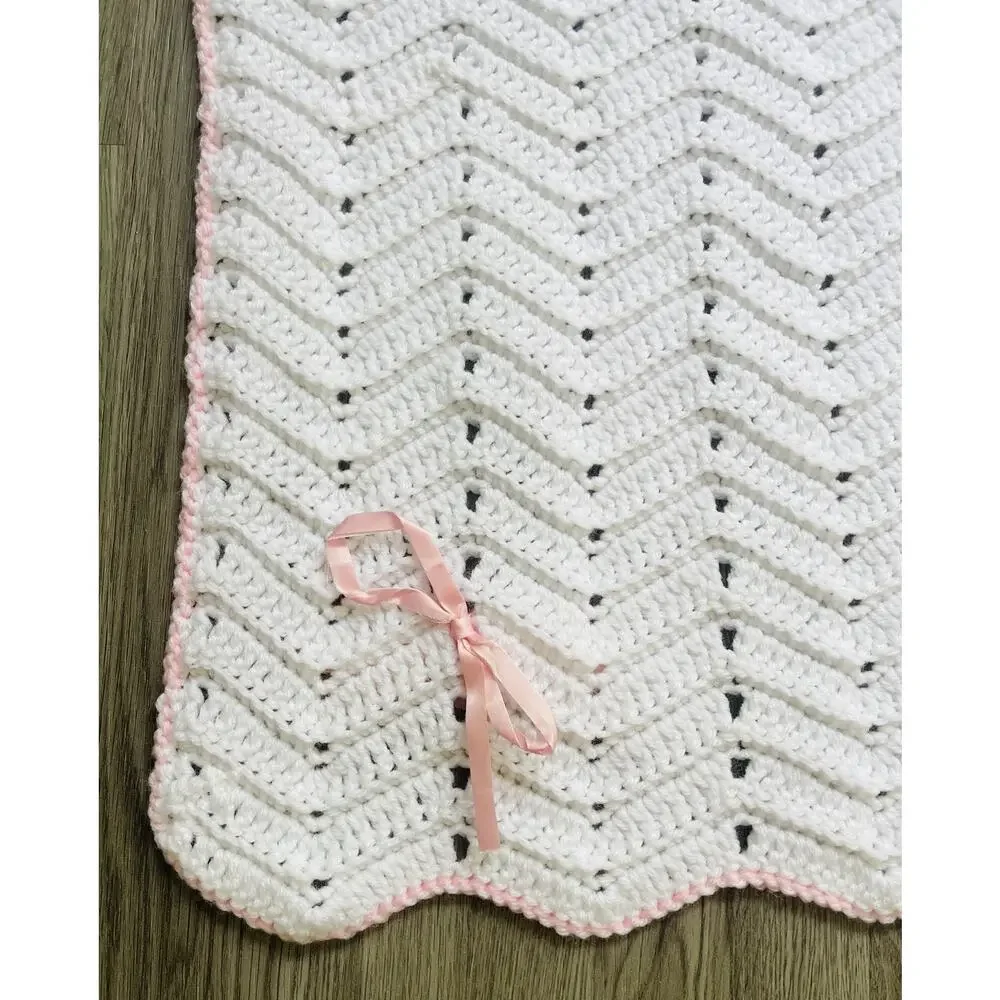 Vintage Crotchet Baby Crib Blanket Handmade White & Pastel Pink Satin Ribbon Bow